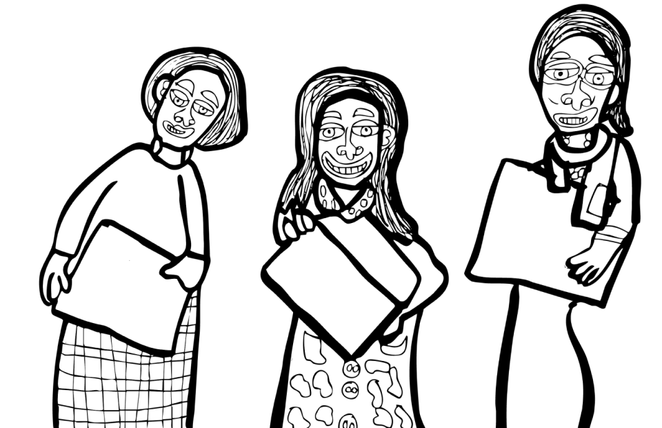 Es handelt sich um eine schwarz-weiße Zeichnung von Kerstin Recker. Auf dieser sind drei Personen abgebildet, die alle einen Karton in der Hand halten. Alle drei lächeln in die Kamera und zwei von ihnen haben kürzere und eine Person längere Haare.