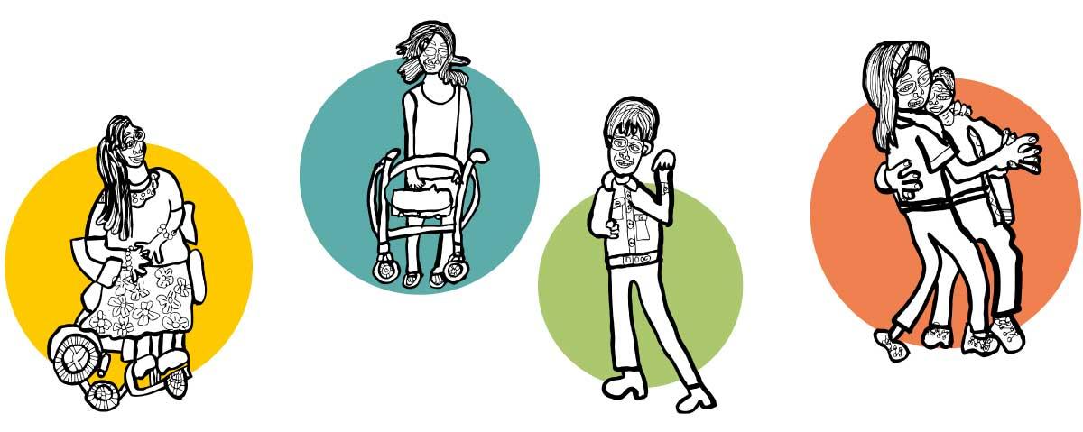 Es handelt sich um vier schwarz-weiße Zeichnung von Kerstin Recker, die in bunten Kreisen stehen. Zu sehen ist eine Frau mit Rollstuhl, eine weitere Frau mit Rolltor, ein winkender Mann und ein tanzendes Paar.