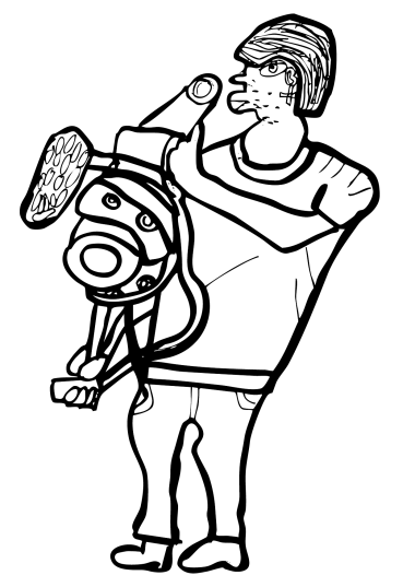 Es handelt sich um eine schwarz-weiße Zeichnung von Kerstin Recker. Auf dieser sieht man eine Person, die eine Kamera in ihrer Hand hält. Sie scheint etwas zu filmen und hat kurze Haare.