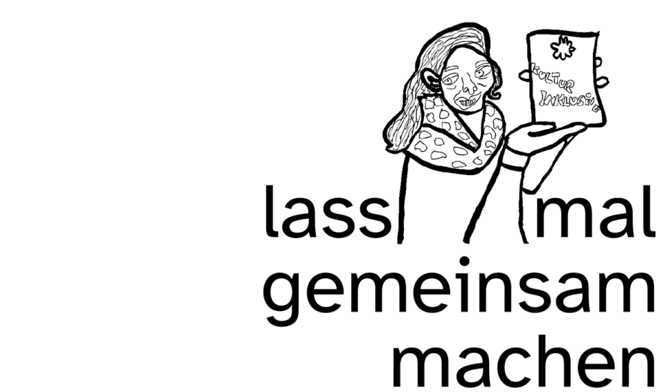 Es handelt sich um eine schwarz-weiße Zeichnung von Kerstin Recker. Auf dieser sieht man eine Person, die ein Schild hoch hält auf dem steht: Inklusive Kultur. Sie hat lange Haare.