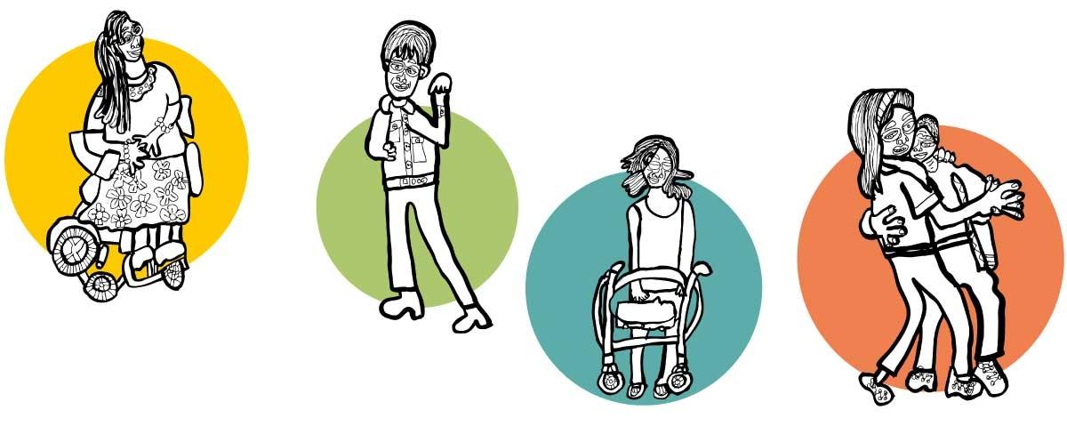 Es handelt sich um vier schwarz-weiße Zeichnung von Kerstin Recker, die in bunten Kreisen stehen. Zu sehen ist eine Frau mit Rollstuhl, eine weitere Frau mit Rolltor, ein winkender Mann und ein tanzendes Paar.