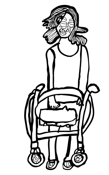 Es handelt sich um eine schwarz-weiße Zeichnung von Kerstin Recker. Sie stellt eine Person dar, die vor sich einen Rollator hat. Die Person lächelt und hat längere Haare.