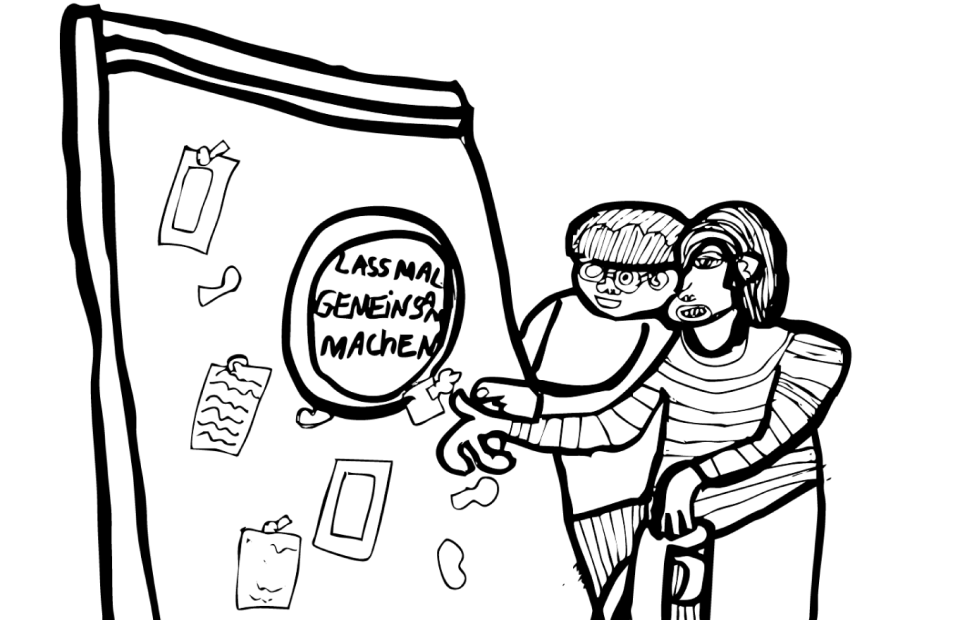 Es handelt sich um eine schwarz-weiße Zeichnung von Kerstin Recker. Auf dieser sind zwei Personen abgebildet, die gemeinsam eine Tafel betrachten und auf diese zeigen. Auf der Tafel steht „Lass mal gemeinsam machen“ und es sind mehrere Bilder an ihr befestigt.