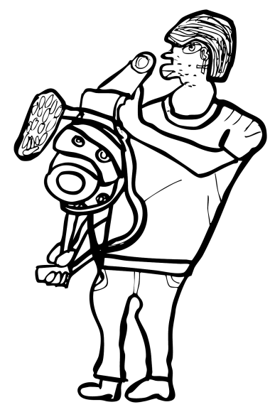 Es handelt sich um eine schwarz-weiße Zeichnung von Kerstin Recker. Auf dieser sieht man eine Person, die eine Kamera in ihrer Hand hält. Sie scheint etwas zu filmen und hat kurze Haare.