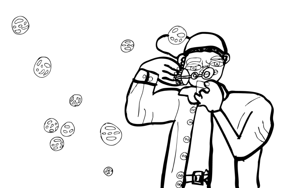 Es handelt sich um eine schwarz-weiße Zeichnung von Kerstin Recker. Man sieht eine Person mit Seifenblasen in der Hand. Die Person trägt eine Cappie und ist von mehreren Seifenblasen umgeben.