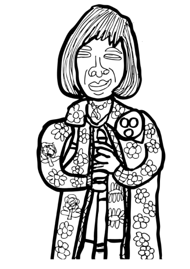 Es handelt sich um eine schwarz-weiße Zeichnung von Kerstin Recker. Hier ist eine Person mit einer geblümten Jacke abgebildet, die lächelt.