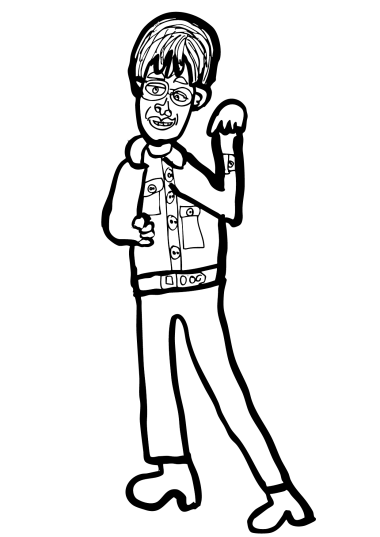 Es handelt sich um eine schwarz-weiße Zeichnung von Kerstin Recker. Auf dieser sieht man eine Person, die winkt. Sie hat kurze Haare.