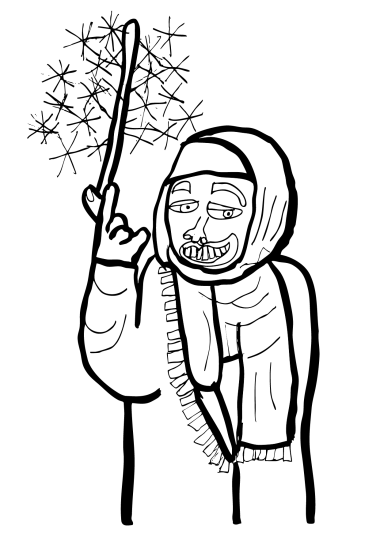 Es handelt sich um eine schwarz-weiße Zeichnung von Kerstin Recker. Es ist eine Frau zu sehen, die einen Zauberstab in ihrer Hand hält. Sie trägt ein Kopftuch und lächelt.