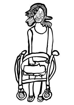 Es handelt sich um eine schwarz-weiße Zeichnung von Kerstin Recker. Sie stellt eine Person dar, die vor sich einen Rollator hat. Die Person lächelt und hat längere Haare.