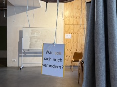 Methoden: Oberhalb des Bildes hängt ein großer Regenschirm mit mehreren herunterhängenden Kordeln. An einer hängt ein Stück Papier mit der Frage Was soll sich noch verändern?   Im Hintergrund steht eine Flipchart und mehrere Holzstühle.