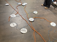 Methoden: Auf dem Boden ist ein Netzwerk aus farbigen Seilen (orange, blau, grün) nachempfunden. Die farbigen Seile sind unterschiedlich dick und veranschaulichen mithilfe von Schildern, auf denen die Namen der einzelnen Institutionen stehen, wie ausgeprägt die entstandenen Arbeitsverbindungen sind.