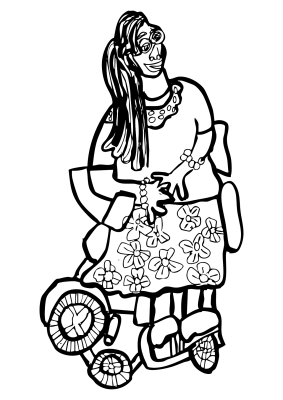 Es handelt sich um eine schwarz-weiße Zeichnung von Kerstin Recker. Es ist eine Frau im Rollstuhl zu sehen, die lächelt. Sie hat lange Haare und trägt ein geblümtes Kleid.
