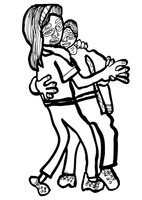 Es handelt sich um eine schwarz-weiße Zeichnung von Kerstin Recker. Darauf sind zwei Personen abgebildet, die miteinander tanzen. Eine von ihnen hat lange Haare und wird von der anderen Person im Arm gehalten.