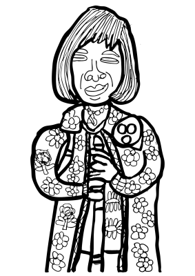 Es handelt sich um eine schwarz-weiße Zeichnung von Kerstin Recker. Hier ist eine Person mit einer geblümten Jacke abgebildet, die lächelt.